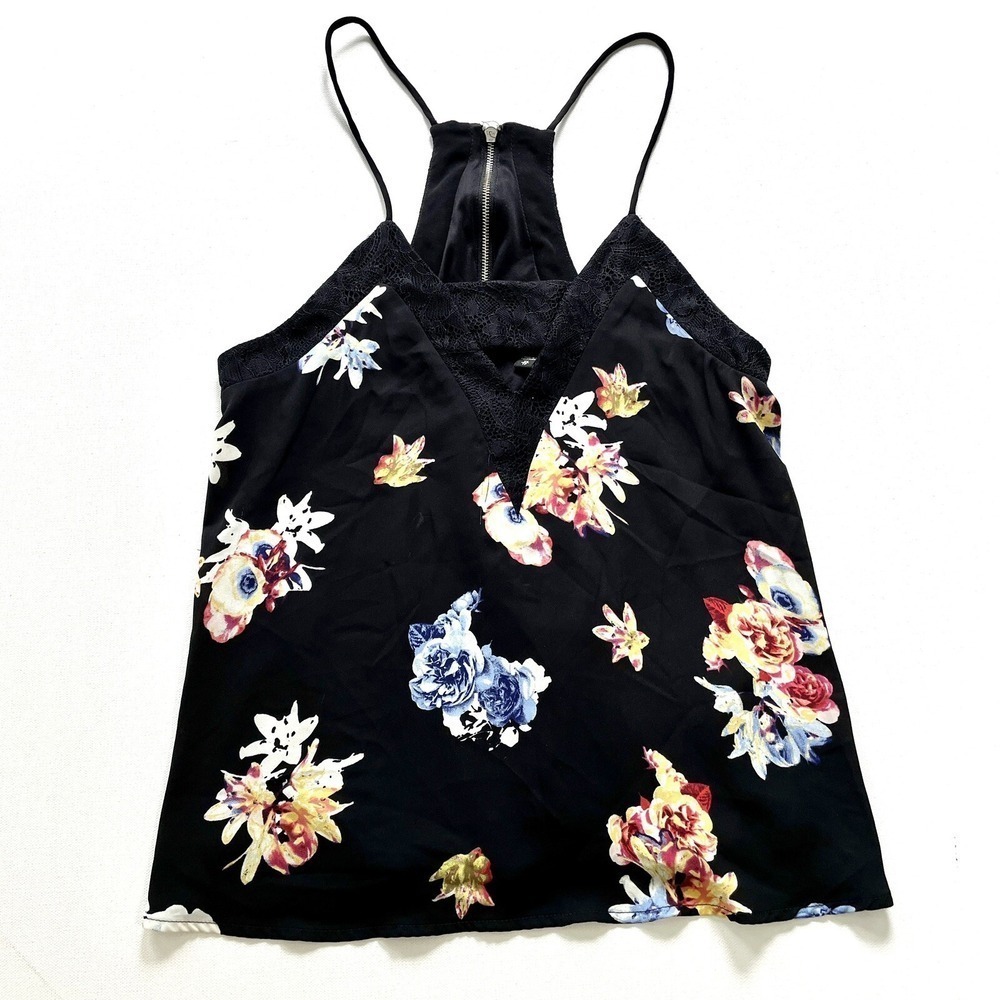 Express Top Women's XS Black Floral Zip Back Lace Trim Spaghetti Strap Cami Tank